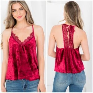 ILLA ILLA  Halter top  Deep Crimson Red  lace trim Crushed Velvet  Size S. NWT